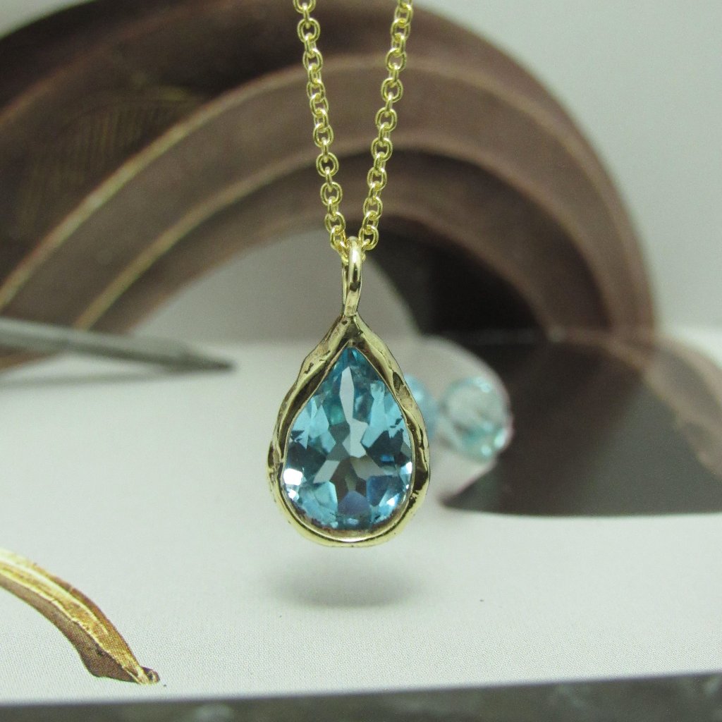 Aquamarine Necklace 14k Yellow Gold Necklace With Blue Aquamarine Unique